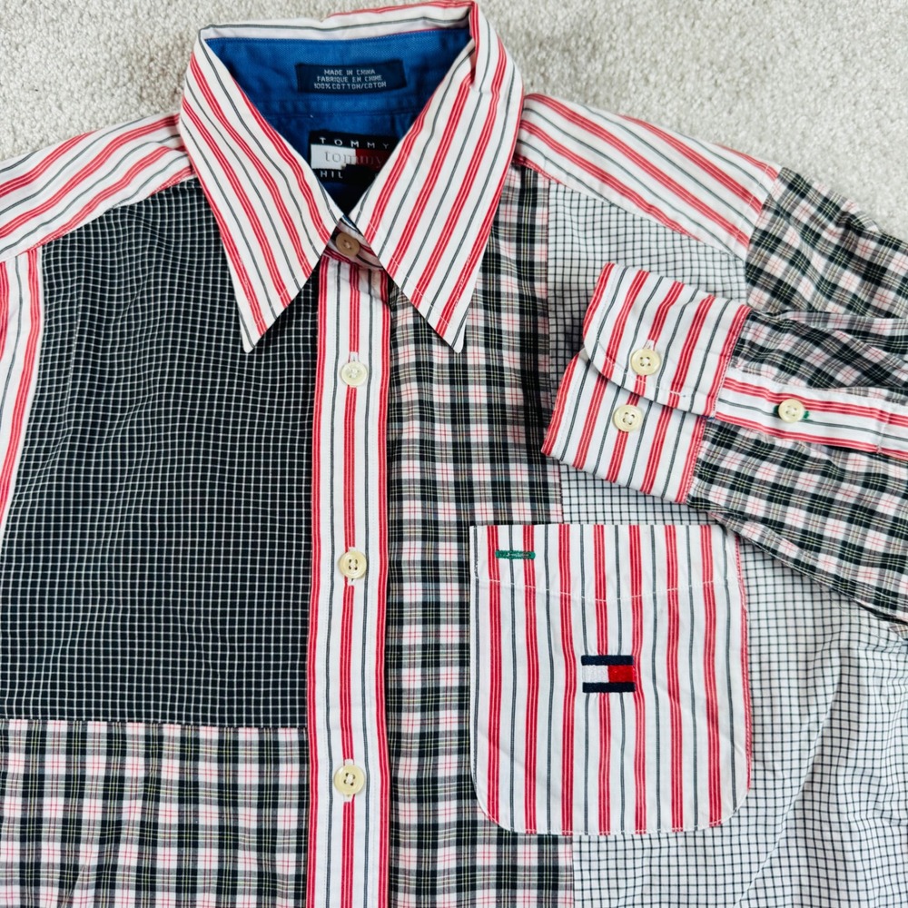 Tommy Hilfiger Womens 6 Mixed Patchwork Plaid Stripe Button Down Shirt Red White